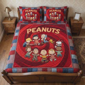 Peanuts Spiral Quilt Red Character Patchwork Bedding Set, Charlie Brown Snoopy and Friends Comforter, Unique Cartoon Blanket for Home Decor
