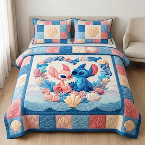 Coastal Stitch Engel Muschel Herz Quilt, Blau Beige Rosa Patchwork Bettwäsche Set, Strand Thema Kinderzimmer Tröster, Süßes Alien Schlafzimmer Dekor