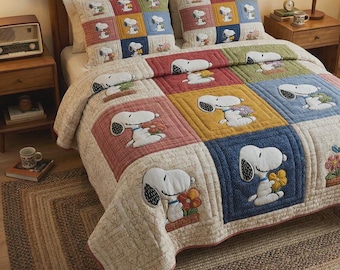 Juego de edredón clásico de retazos de Snoopy de Peanuts, ropa de cama acogedora en colores suaves para la decoración del dormitorio de niñas y niños, linda manta de perro de dibujos animados, idea de regalo para fans.