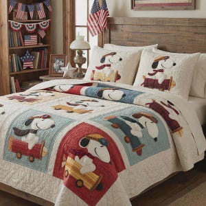 Set di biancheria da letto con trapunta Snoopy Pilot Flying Ace, trapunta patchwork con personaggi color crema, rosso e blu, coperta con simpatici cartoni animati dei Peanuts per la cameretta dei bambini.