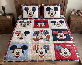 Mickey Mouse Americana Quilt Bedding Set, Patriotic Stars and Stripes Patchwork Comforter for Kids Room, Red White Blue Disney Decor Gift