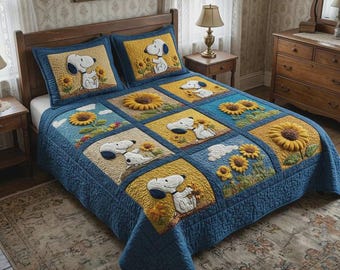 Cute Peanuts Snoopy Sunflower Patchwork Quilt Bedding Set Cozy Floral Bedroom Decor For Kids Girls Sweet Cartoon Blanket Gift Idea