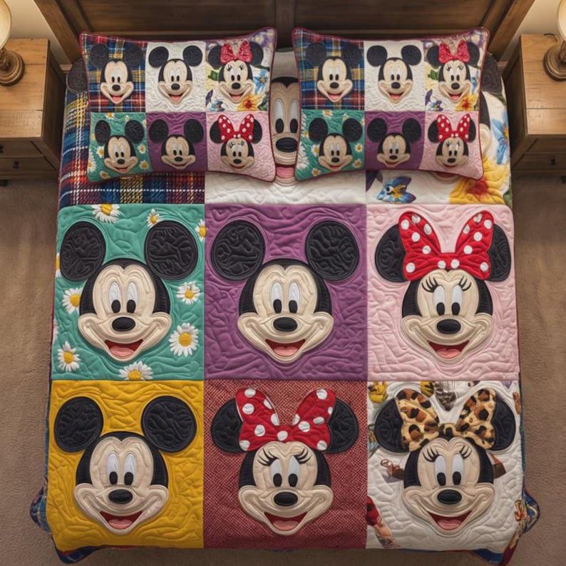 May include: A colorful quilt and two matching pillow shams featuring Mickey and Minnie Mouse. The quilt has a patchwork design with squares of different colors and patterns, each showcasing a character's face. The pillow shams have a similar design.