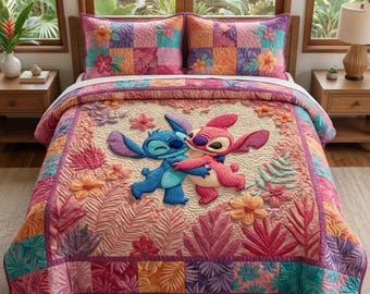 Purple Floral Stitch and Angel Hugging Quilt, Tropical Leaf Patchwork Bedding Set, Colorful Alien Couple Comforter, Cozy Nursery Decor Gift