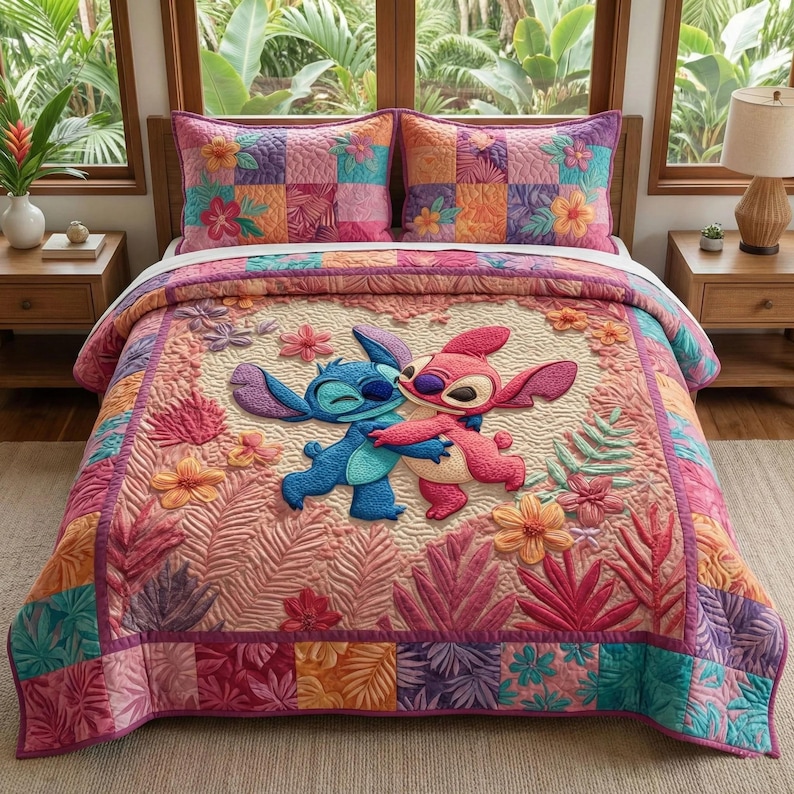May include: A colorful quilt and two matching pillowcases featuring Stitch and Angel hugging. The bedding set has a patchwork design with floral and tropical leaf accents in shades of pink, orange, purple, and teal.