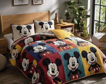 Retro Mickey Mouse Quilt Bedding Set Colorful Patchwork Comforter Cover Classic Cartoon Bedroom Decor Cozy Bedspread Best Kids Gift