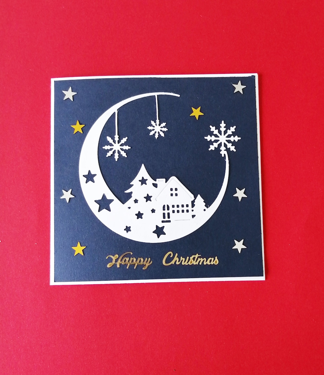Papercut Christmas Card Cosy House Crescent Moon Scene Handmade Bespoke