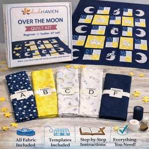 May include: A quilt kit labelled "Over the Moon" for beginners, with a finished size of 119cm x 165cm. The kit includes various fabrics with star and moon patterns, templates and instructions. All fabric is included.