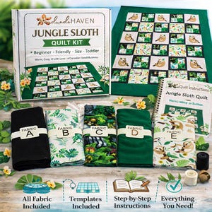 May include: A Jungle Sloth quilt kit, including a box, fabric bundles, and instructions. The box displays "Handmade Haven Jungle Sloth Quilt Kit." Fabric bundles are labelled A to E, with diverse patterns. The finished quilt design is also visible.