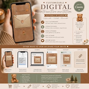May include: A digital interactive invitation template for Canva featuring a brown teddy bear theme. The design includes a mobile-optimized layout with clickable buttons, text fields, and social media sharing options for baby showers and events.