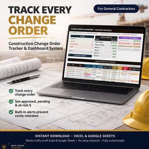 Construction Change Order Tracker | Contractor Dashboard for Project Cost Control | Excel & Google Sheets