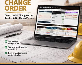 Construction Change Order Tracker | Contractor Dashboard for Project Cost Control | Excel & Google Sheets