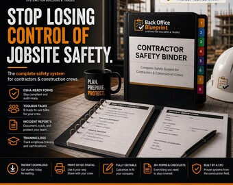 Cartella di sicurezza per appaltatori / Sistema di sicurezza conforme alle normative OSHA / Moduli per l'edilizia, riunioni di sicurezza, liste di controllo per il cantiere, predisposti per le verifiche.