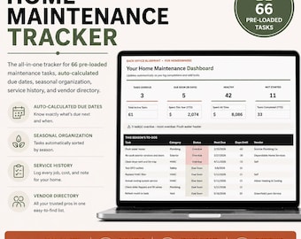 Home Maintenance Tracker | Google Sheets + Excel | 66 Pre-Loaded Tasks | Auto-Calculated Due Dates | Homeowner Schedule