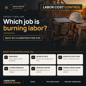 Construction Labor Cost Control Spreadsheet | Job Budget vs Actual with Change Orders
