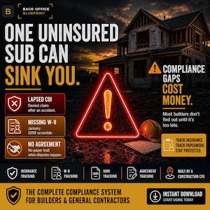 May include: A digital graphic for Back Office Blueprint featuring a construction site background with a glowing red neon warning triangle. Text reads: One uninsured sub can sink you, Compliance gaps cost money, and The complete compliance system.