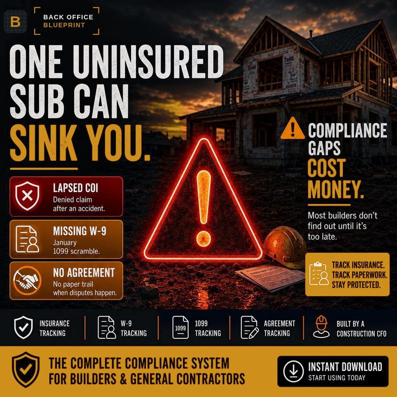 May include: A digital graphic for Back Office Blueprint featuring a construction site background with a glowing red neon warning triangle. Text reads: One uninsured sub can sink you, Compliance gaps cost money, and The complete compliance system.