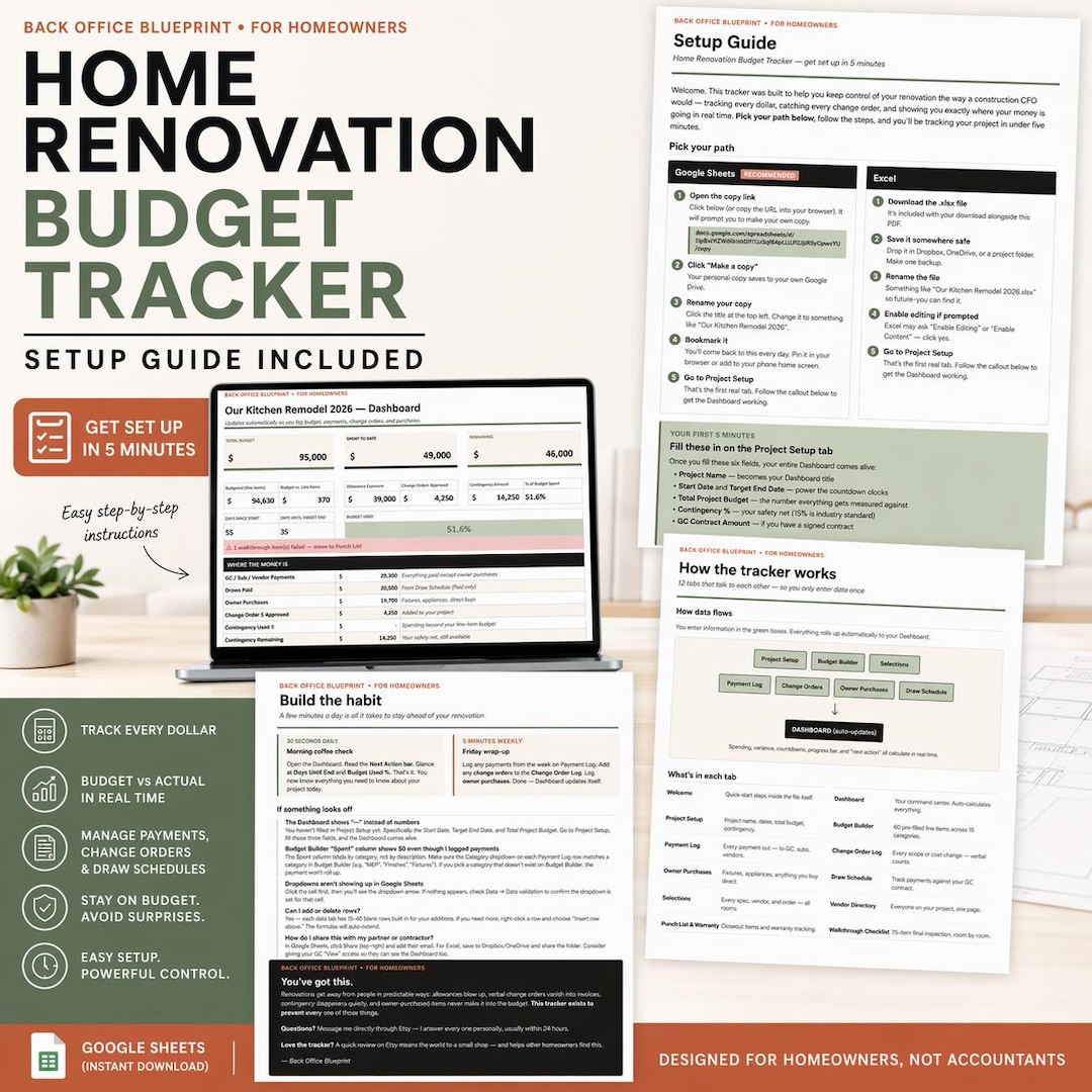 Home Renovation Budget Tracker | Google Sheets and Excel | Remodel Cost ...