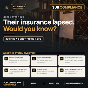 Subcontractor Compliance Tracker | COI, W-9, 1099 and Agreement Log with Insurance Expiry Tracking