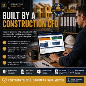 May include: A digital product titled Back Office Blueprint featuring a compliance dashboard on a laptop screen. The image includes text about construction subcontractor management, a black mug, a notebook, and a white hard hat on a desk.