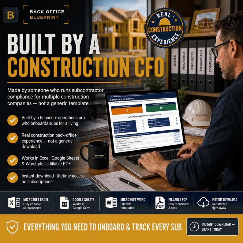 May include: A digital product titled Back Office Blueprint featuring a compliance dashboard on a laptop screen. The image includes text about construction subcontractor management, a black mug, a notebook, and a white hard hat on a desk.