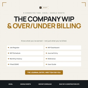 Construction WIP Schedule Template for Contractors | Work in Progress and Over Under Billing Tracker | Percent Complete Excel