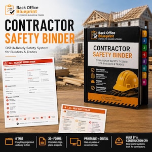 May include: A black contractor safety binder with orange and white text, including "Contractor Safety Binder" and "OSHA-Ready Safety System." The binder includes forms, tabs, and a yellow hard hat graphic. The binder is designed for builders and trades.