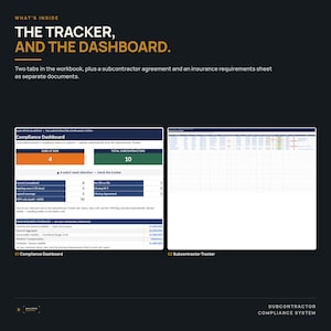 May include: A digital workbook titled The Tracker and The Dashboard, featuring a Compliance Dashboard with risk metrics and a Subcontractor Tracker spreadsheet. It includes a subcontractor agreement and an insurance requirements sheet for tracking compliance status.