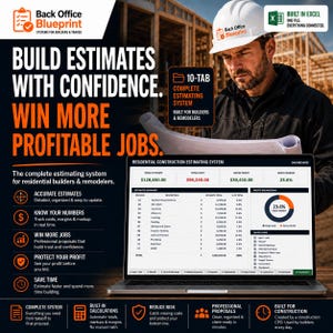 Könnte beinhalten: Eine digitale Marketinggrafik für Back Office Blueprint mit einem Bauarbeiter in einem weißen Schutzhelm, der Baupläne hält. Ein Laptop zeigt ein Dashboard für ein Wohnungsbau-Kalkulationssystem mit Finanzdaten und Excel-Integration.