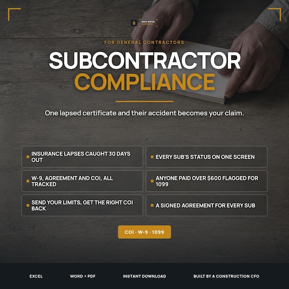 Subcontractor Compliance Tracker | COI, W-9, 1099 and Agreement Log with Insurance Expiry Alerts