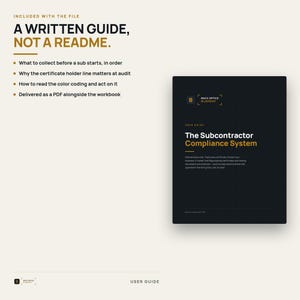 May include: A digital document titled The Subcontractor Compliance System, presented as a black cover with white and gold text. The guide includes instructions on collecting sub information, certificate holder lines, and color coding for audits.