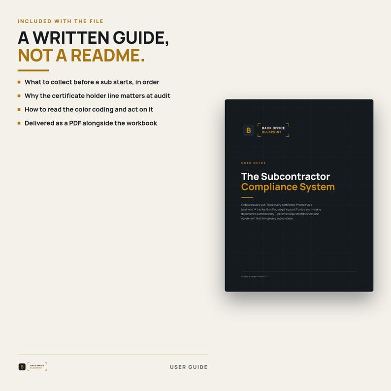 May include: A digital document titled The Subcontractor Compliance System, presented as a black cover with white and gold text. The guide includes instructions on collecting sub information, certificate holder lines, and color coding for audits.