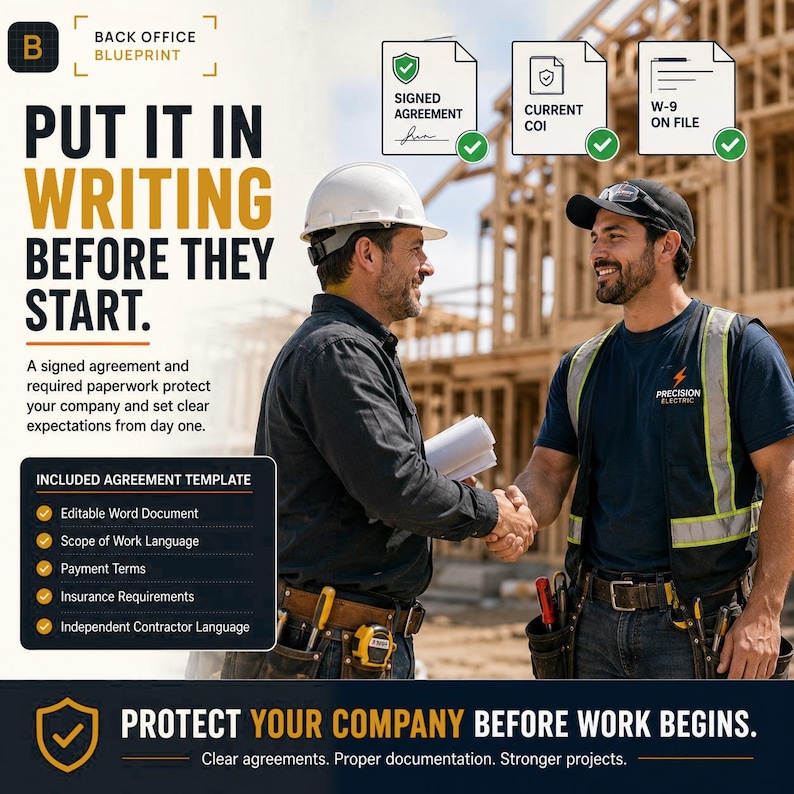 May include: A digital graphic titled Back Office Blueprint featuring the text Put It In Writing Before They Start. It lists document requirements like Signed Agreement, Current COI, and W-9 On File, alongside an included agreement template list.