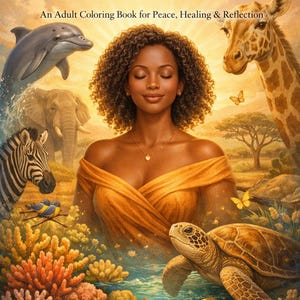 May include: An illustration for an adult coloring book titled "Golden Stillness." The cover features a woman with closed eyes, surrounded by a dolphin, elephant, zebra, giraffe, turtle, and butterflies. The woman wears a golden dress.