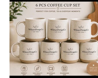 Personalized 6-Piece Ceramic Coffee Mug Gift Set | Custom Family Name or Logo | 11 oz Accent Mugs | Housewarming, Birthday & Wedding Gift
