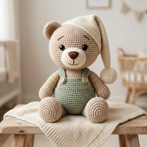 Op de afbeelding: Een gehaakte teddybeer met een crèmekleurige nachtmuts met een pompon en een groene overall. De beer heeft een lichtbruine snuit en zit op een crèmekleurig deken. De beer is ongeveer 25 cm hoog.