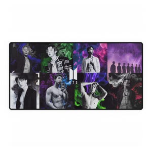 Könnte beinhalten: Rechteckiges schwarzes Mousepad mit einer Collage von Bildern der Musikgruppe BTS. Die Bilder zeigen Einzelporträts der Bandmitglieder mit farbenfrohen Raucheffekten und dem BTS-Logo. Der Satz "Love Yourself" ist ebenfalls sichtbar.