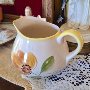 Vintage Secla Portugal Hand Painted Squat Pitcher - Bold Orange Flower Ceramic Wide Mouth Jug Vase - Cottagecore Folk Art Pottery