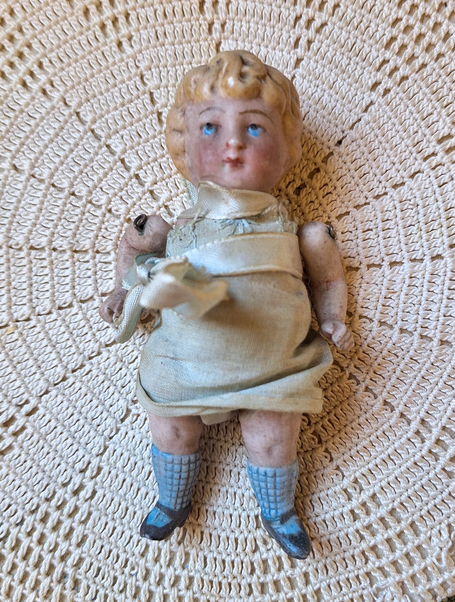Antique German All-bisque Miniature Doll - Wire Jointed, Molded Blonde ...