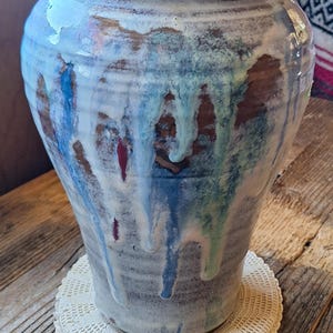 Large Hand-Thrown Studio Pottery Drip Glaze Vase, Signed Artisan Stoneware
