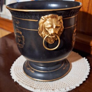 Cache-pot vintage Lenwile Ardalt noir et or en forme de tête de lion - Style néoclassique Hollywood Regency, en céramique, fabriqué au Japon, modèle 7209