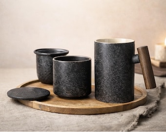Set di tazze da tè giapponesi con infusore, tazza in ceramica con manico in legno, tazza per tè sfuso con filtro, regalo minimalista Wabi Sabi per il tè