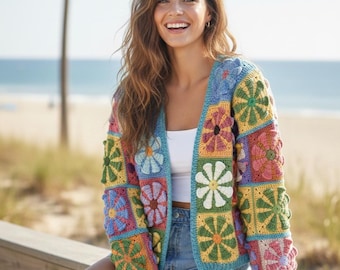 Daisy Granny Square Cardigan Crochet Pattern PDF | Retro Flower Patchwork Sweater Tutorial | Oversized Boho Jacket | Sizes XS-XL