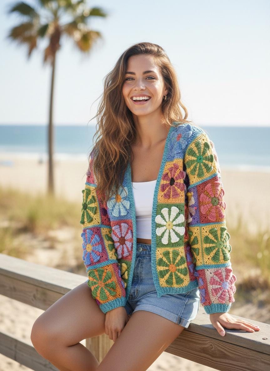 Daisy Granny Square Cardigan Crochet Pattern Retro