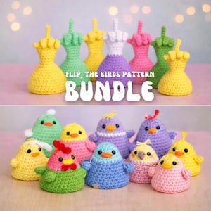 Peut inclure: Une collection de figurines d'oiseaux au crochet faites à la main de différentes couleurs, dont le jaune, le vert, le rose et le violet. La rangée supérieure présente des formes de robes en forme d'oiseaux. La rangée inférieure montre des figurines en forme d'oiseaux avec des becs et des ailes. Le texte "FLIP, THE BIRDS PATTERN BUNDLE" est affiché.