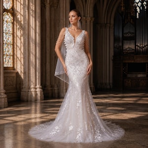 Mermaid Wedding Dress, 3D Floral Lace, Deep V Neck, Chapel Train, Elegant Bridal Gown