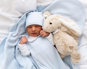 Baby Blue Pima Cotton Footie, Hat, Blanket Gift Set, Newborn Shower Outfit