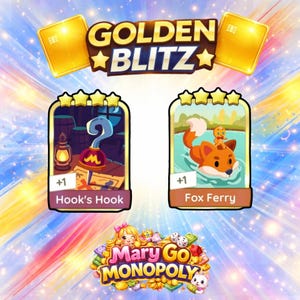 May include: A promotional graphic for a game called "Golden Blitz" and "Mary Go Monopoly." The image features two game cards, one with a pirate theme and the other with a fox. The background has a colorful, abstract design.
