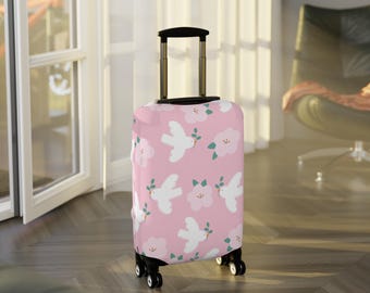 White Doves and Pink Blossoms Luggage Cover | Floral Travel Protector