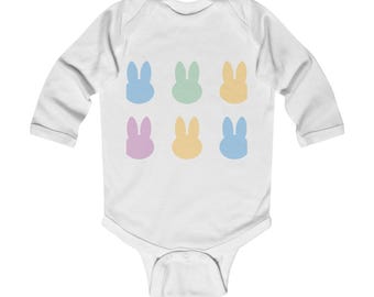 Pastellfärgad kaninmönstrad bodysuit | Påsk långärmad spädbarn